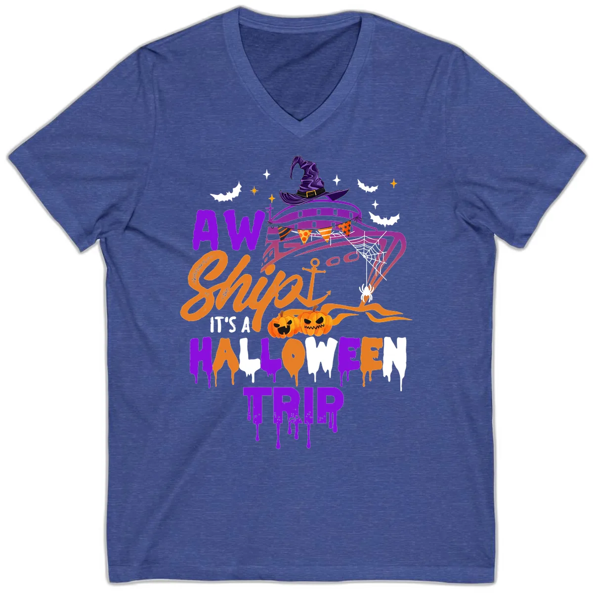 Aw Shiver Me Halloween Trip V-Neck in Heather True Royal
