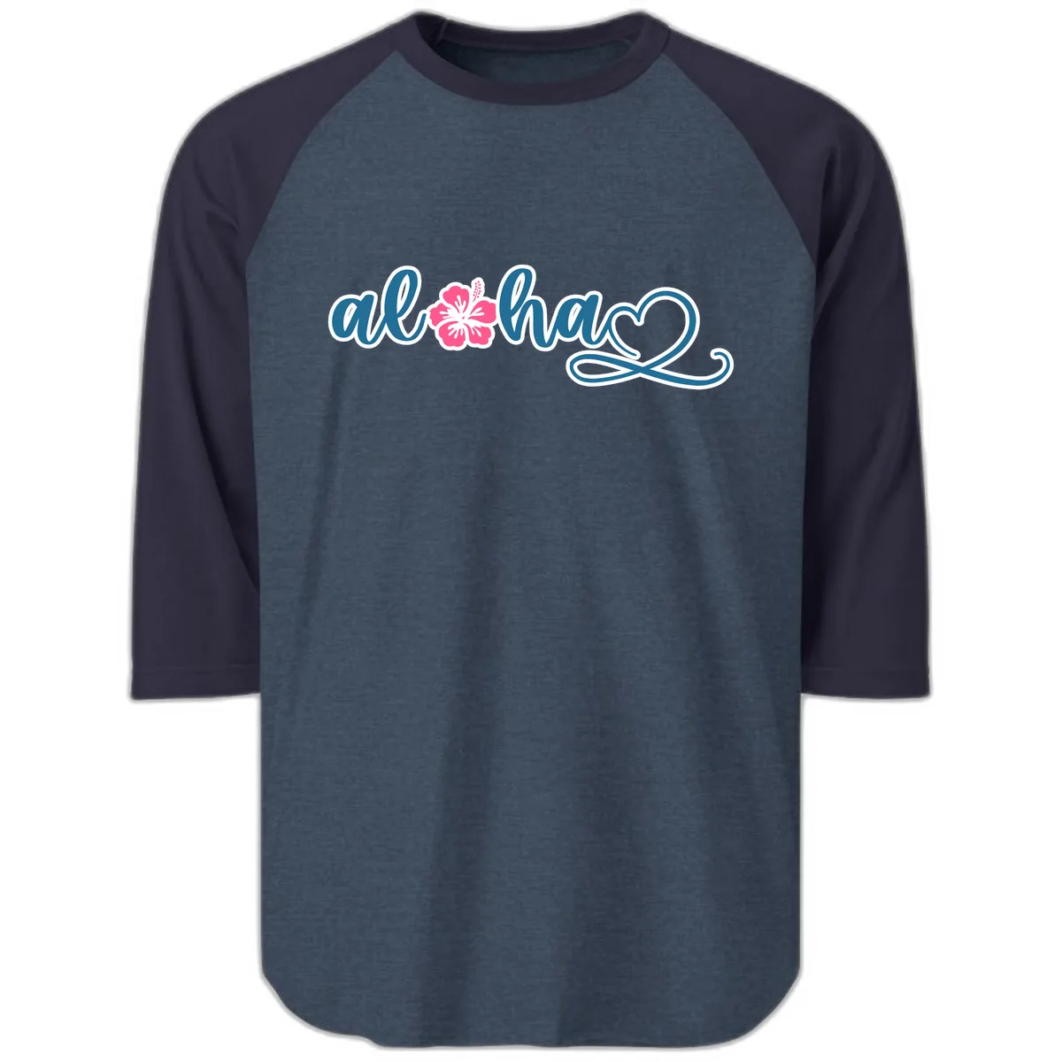 Aloha Vibes Hibiscus Cruise Raglan 3/4 in Heather Denim Navy