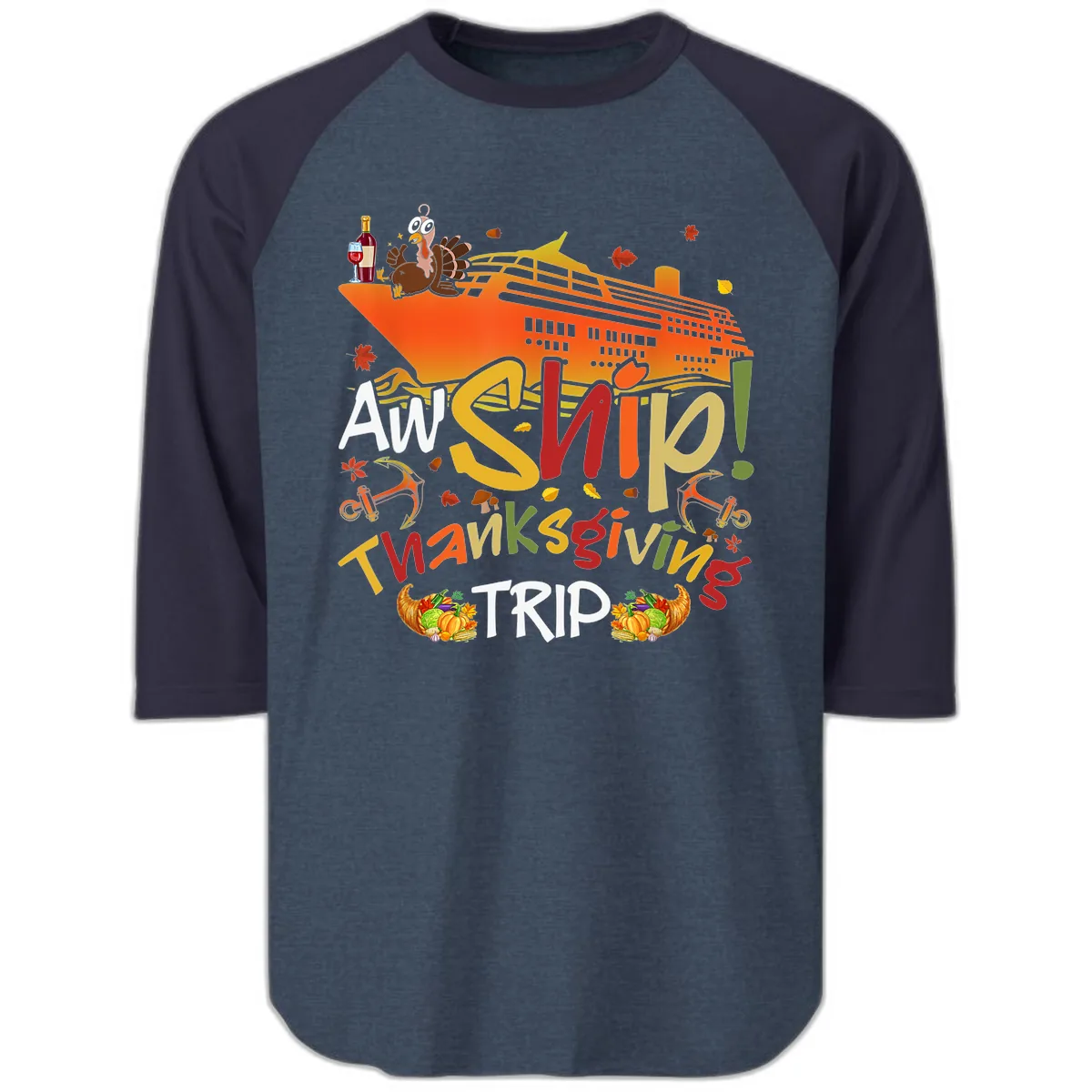 An Ship Thanksgiving Trip Raglan 3/4 in Heather Denim Navy