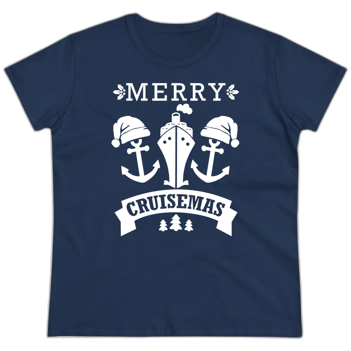 Merry Cruisemas Nautical Holiday Ladies Tee in Navy