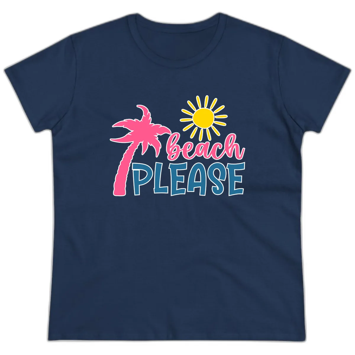 Beach Please Palm Tree Vacation Ladies Tee in Navy