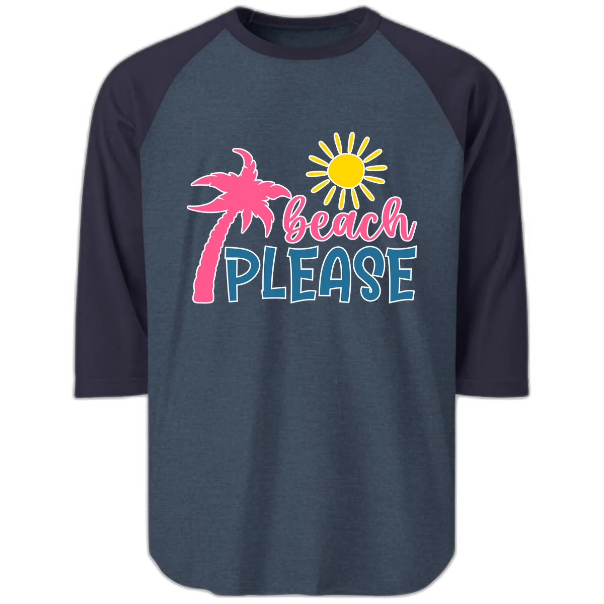 Beach Please Palm Tree Vacation Raglan 3/4 in Heather Denim Navy