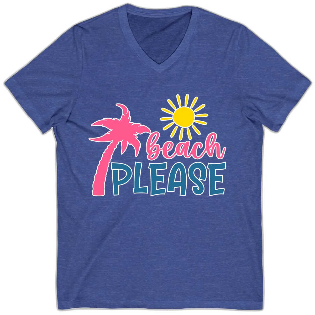 Beach Please Palm Tree Vacation V-Neck in Heather True Royal