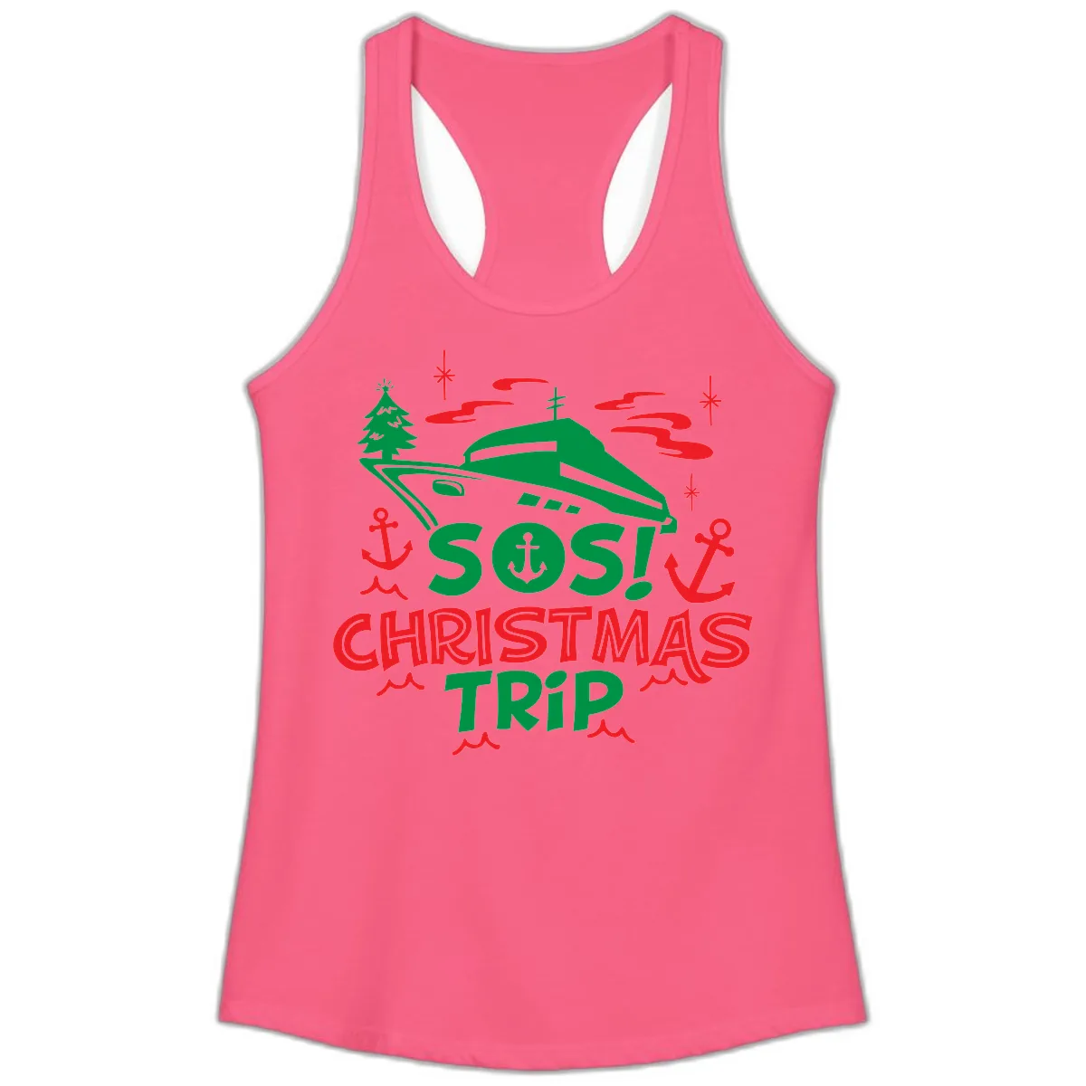 SOS Christmas Trip Ladies Tank in Solid Hot Pink