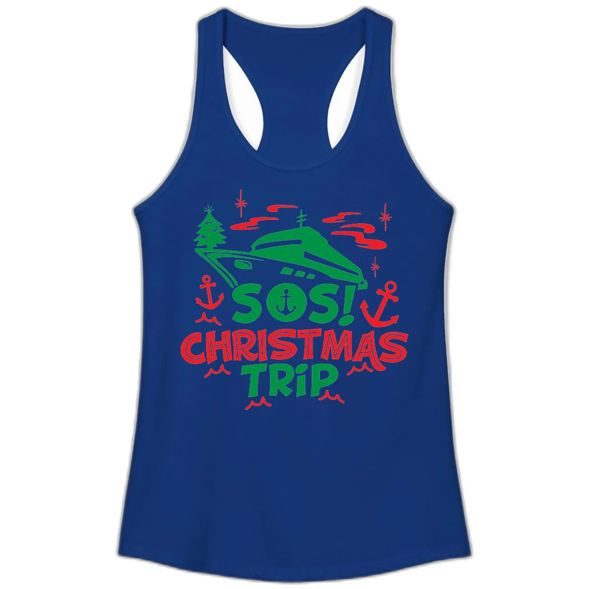 SOS Christmas Trip Ladies Tank in Solid Royal