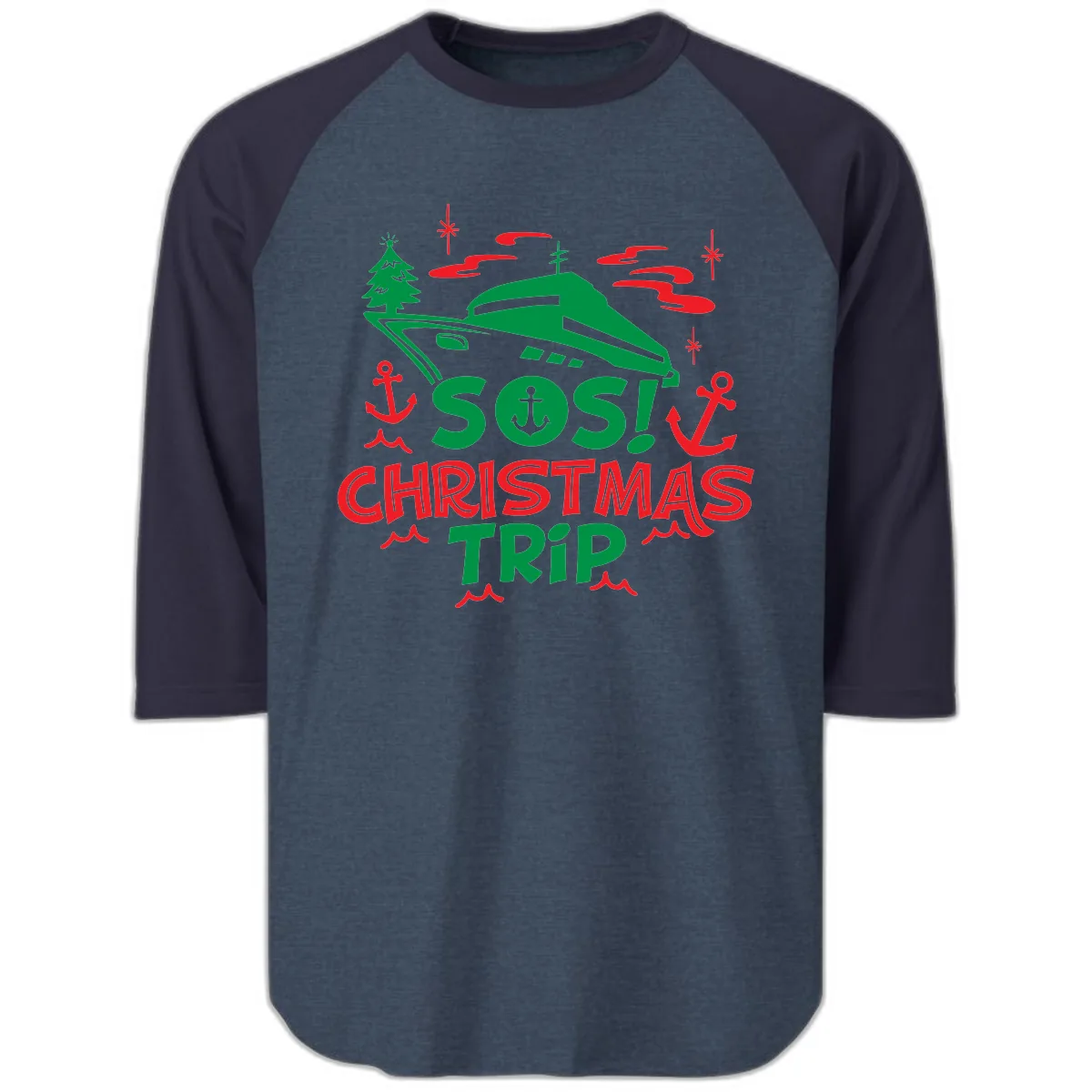 SOS Christmas Trip Raglan 3/4 in Heather Denim Navy