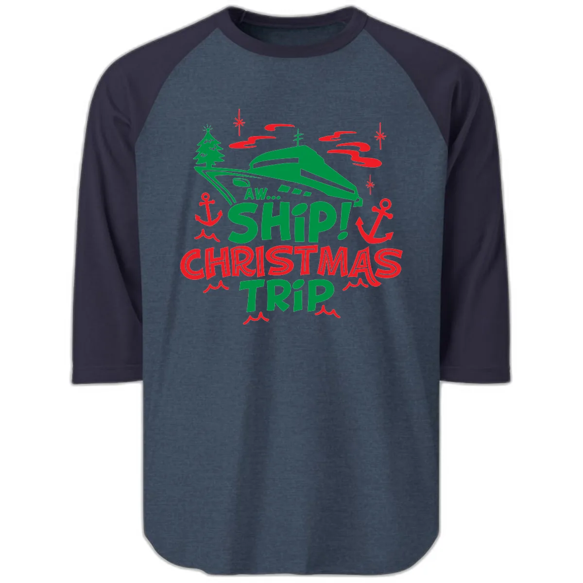 Aww Ship Christmas Trip Raglan 3/4 in Heather Denim Navy