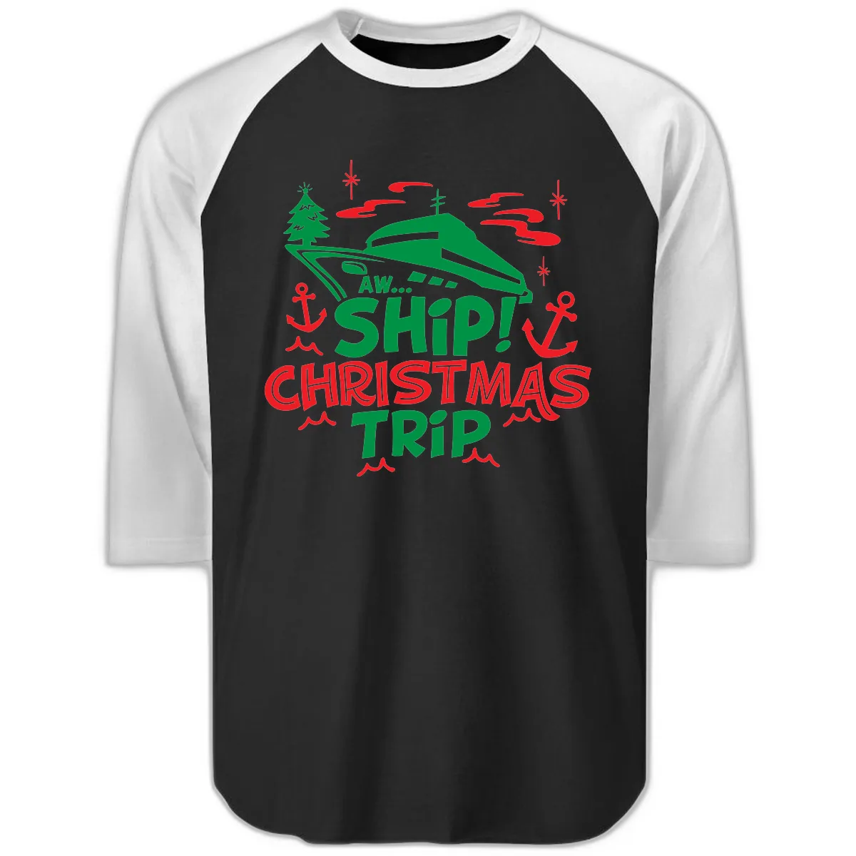 Aww Ship Christmas Trip Raglan 3/4 in Black White