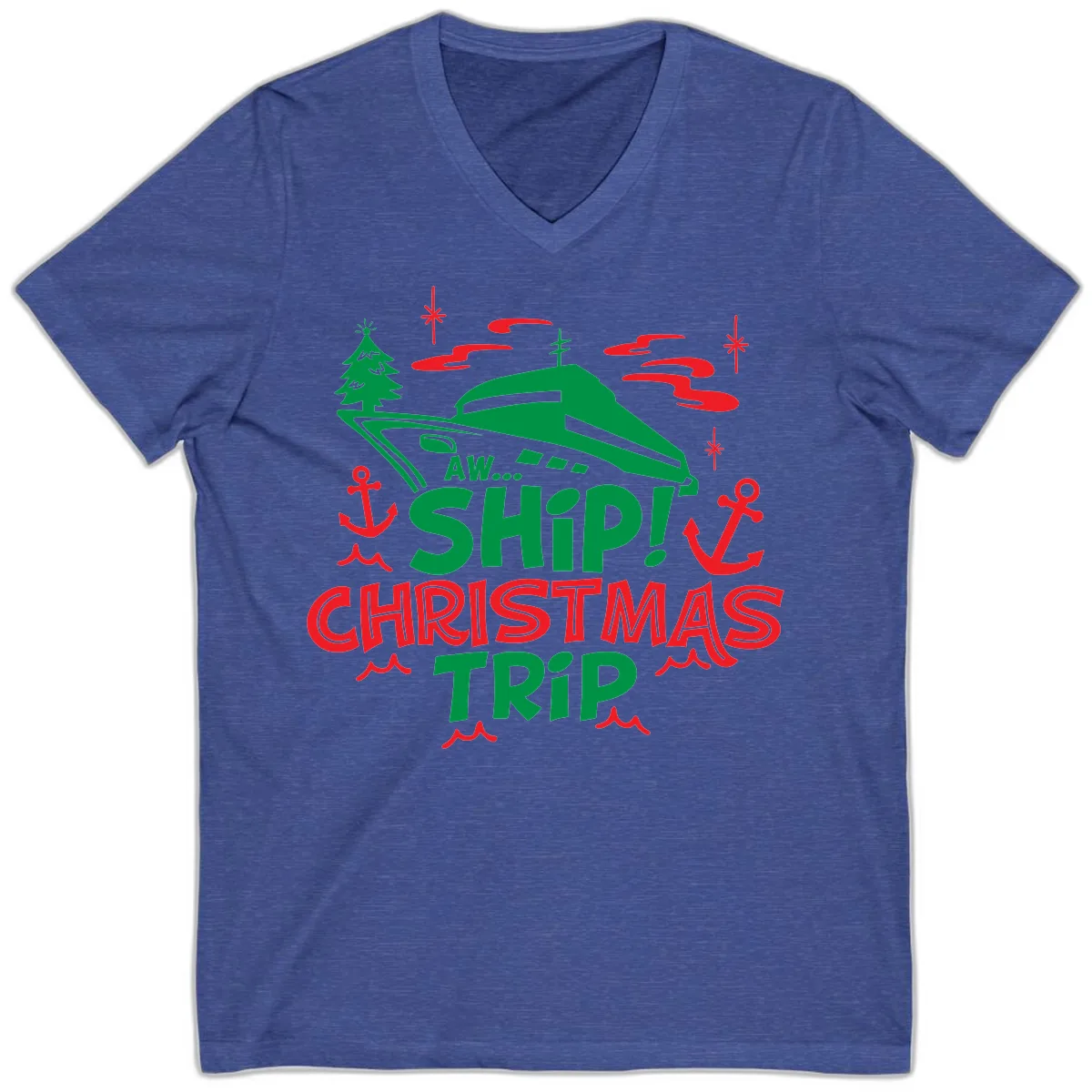 Aww Ship Christmas Trip V-Neck in Heather True Royal