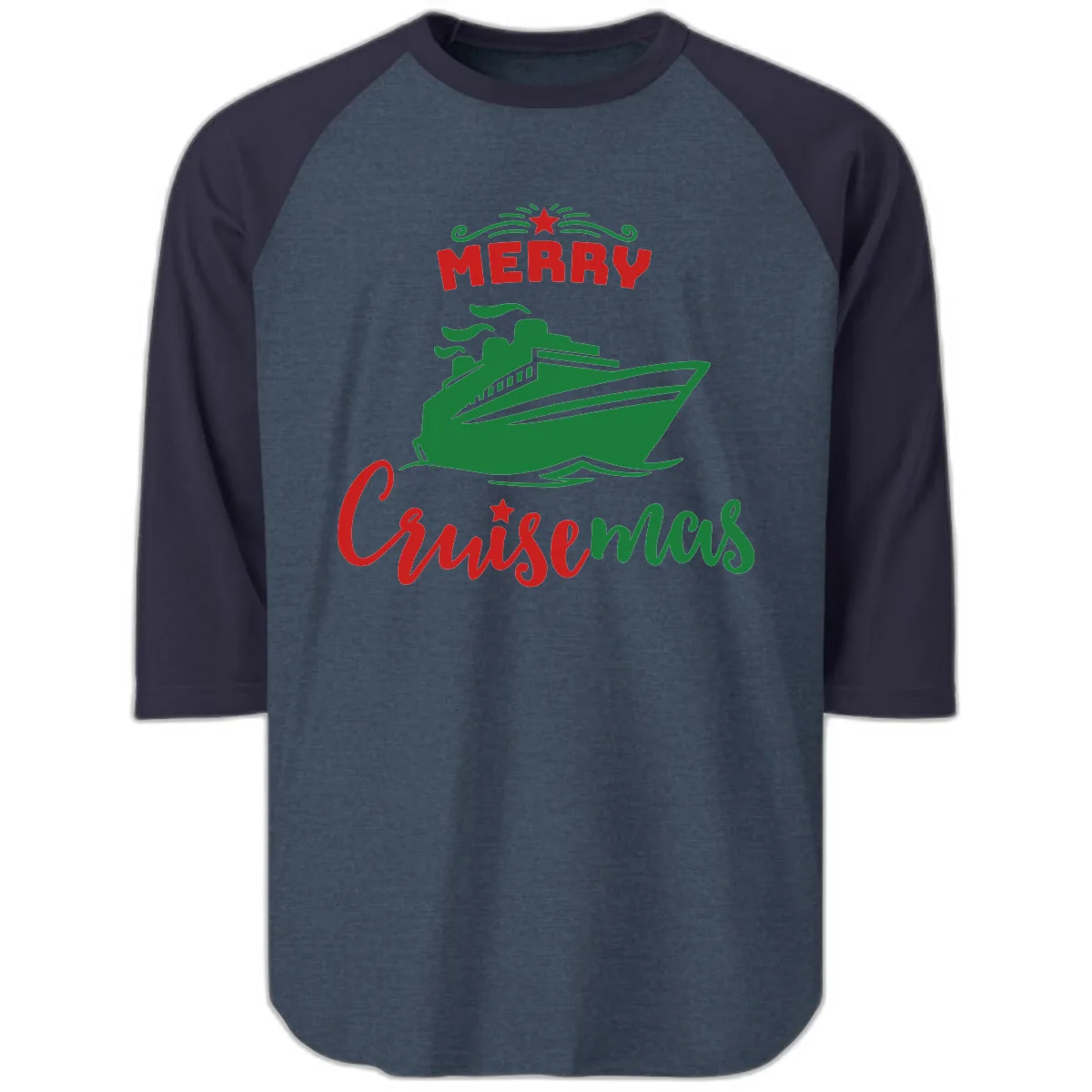 Merry Cruise-mas Ship Raglan 3/4 in Heather Denim Navy