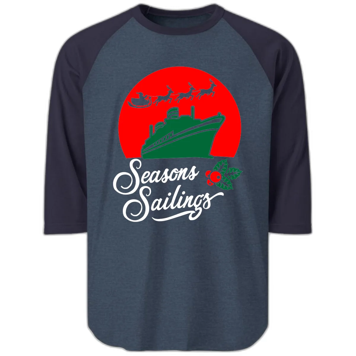 Seasons Sailings Cruise Ship Holiday Raglan 3/4 in Heather Denim Navy