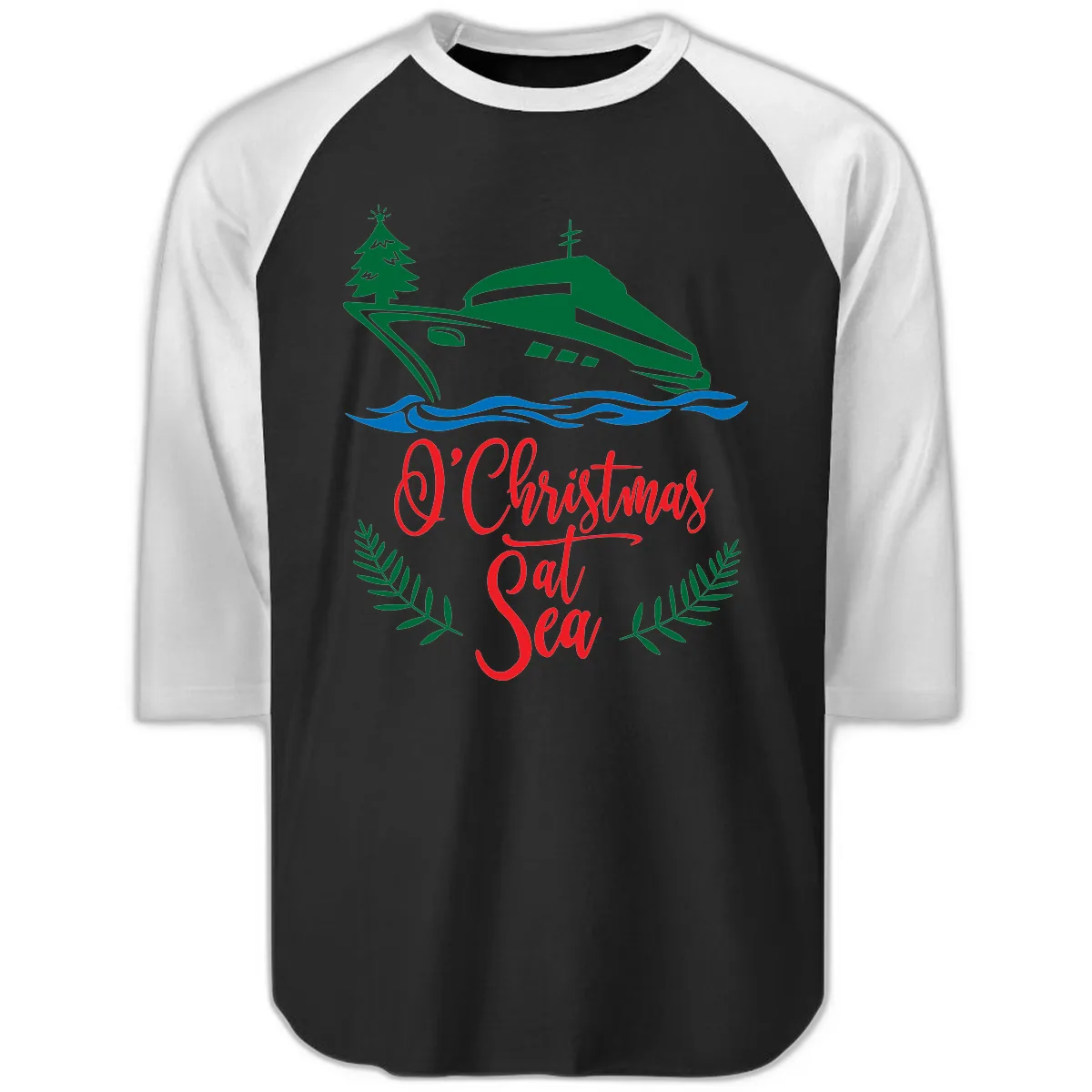 O Christmas At Sea Raglan 3/4 in Black White
