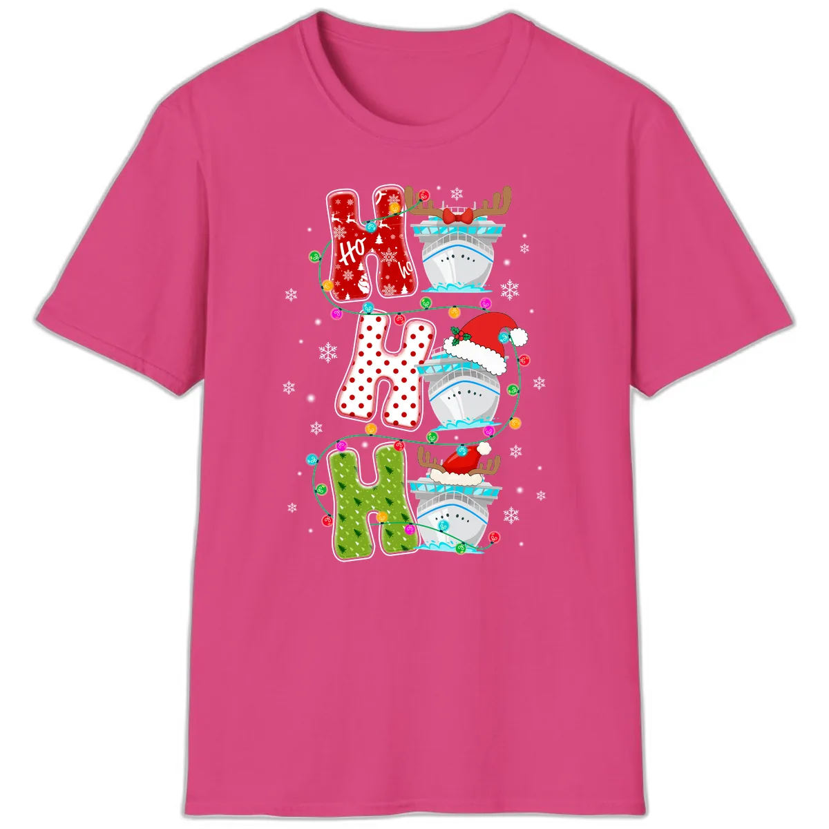 Ho Ho Ho Cruise Christmas T-Shirt in Heliconia