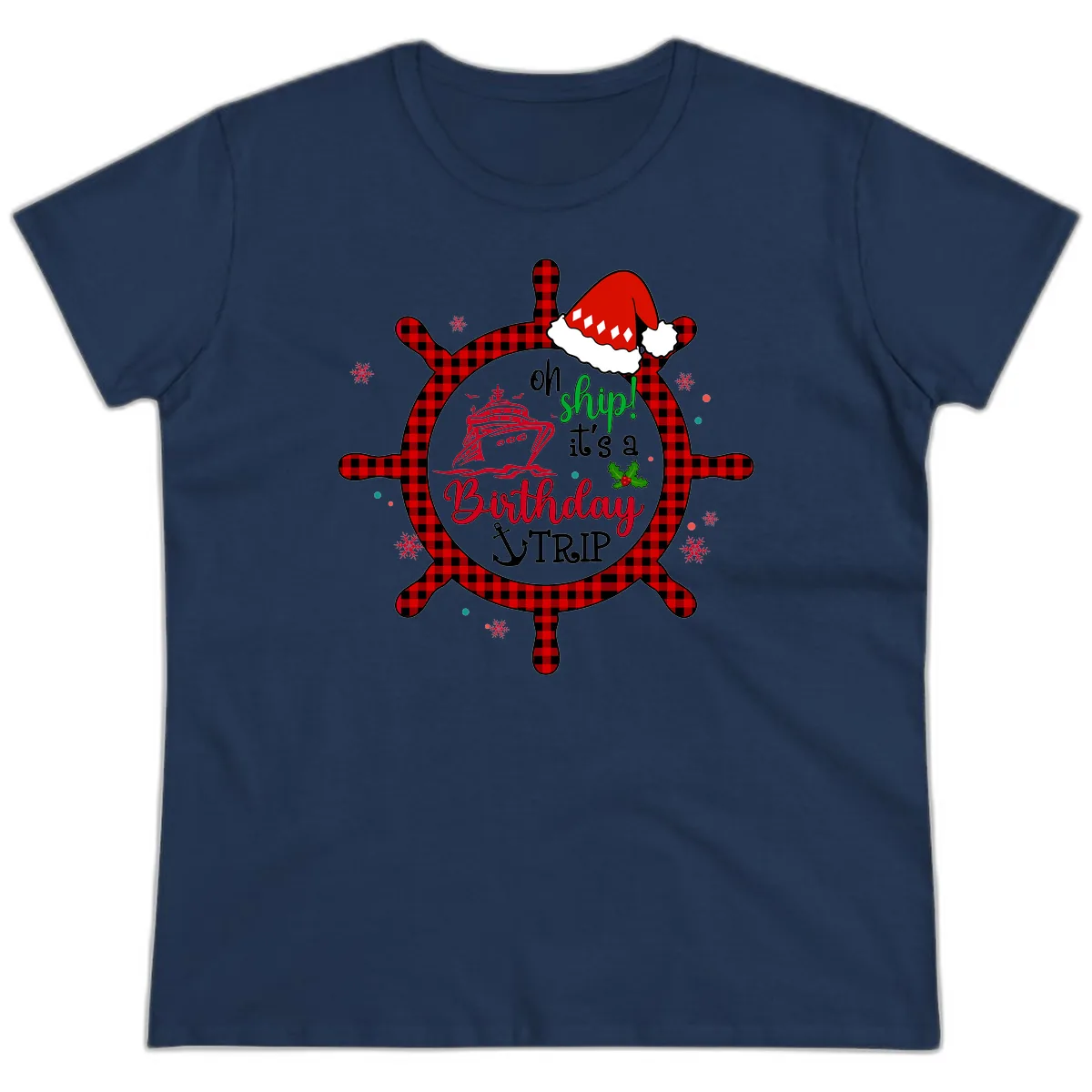 Oh Ship Birthday Cruise Trip Ladies Tee in Navy