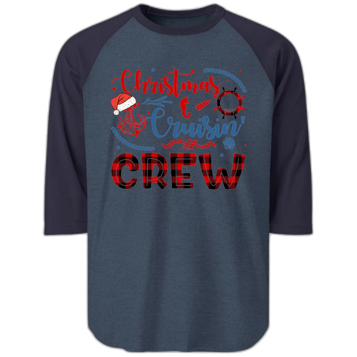 Christmas Cruisin' Cousin Crew Raglan 3/4 in Heather Denim Navy