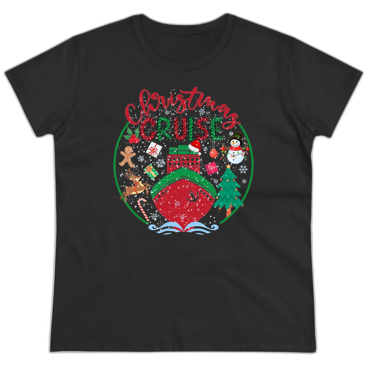 Cruising Cheer Holiday Ladies Tee in Black