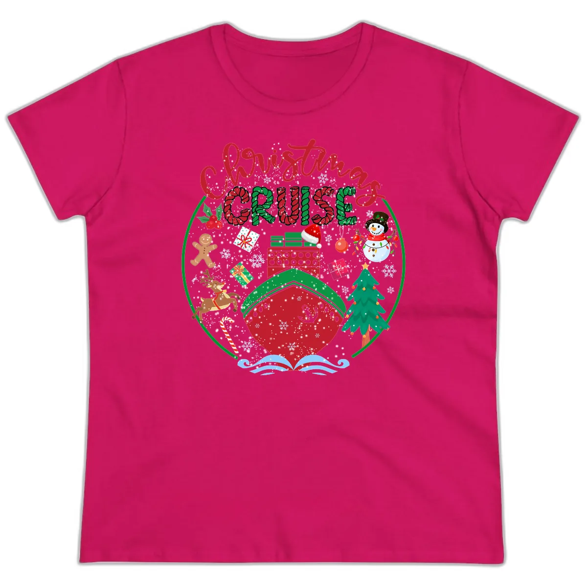 Cruising Cheer Holiday Ladies Tee in Heliconia