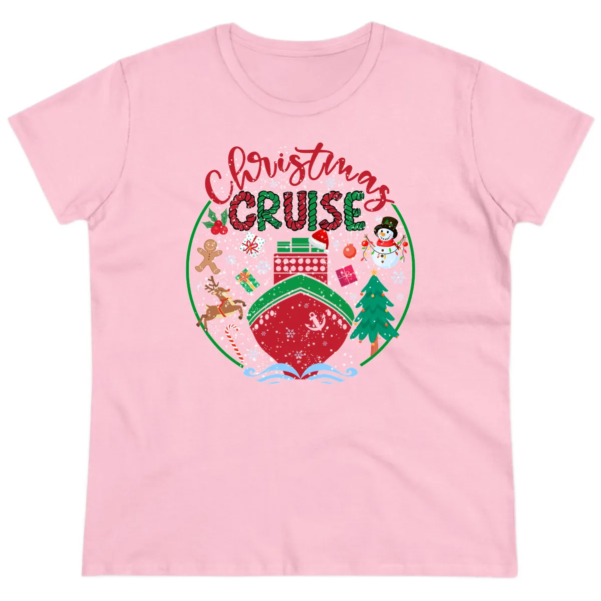 Cruising Cheer Holiday Ladies Tee in Light Pink
