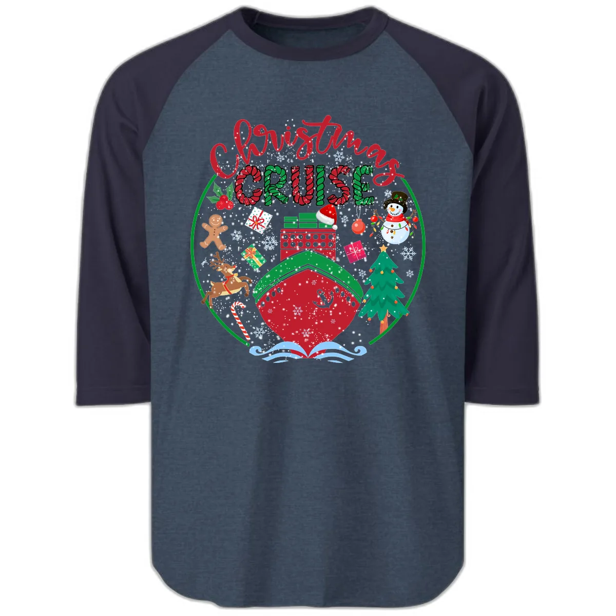 Cruising Cheer Holiday Raglan 3/4 in Heather Denim Navy