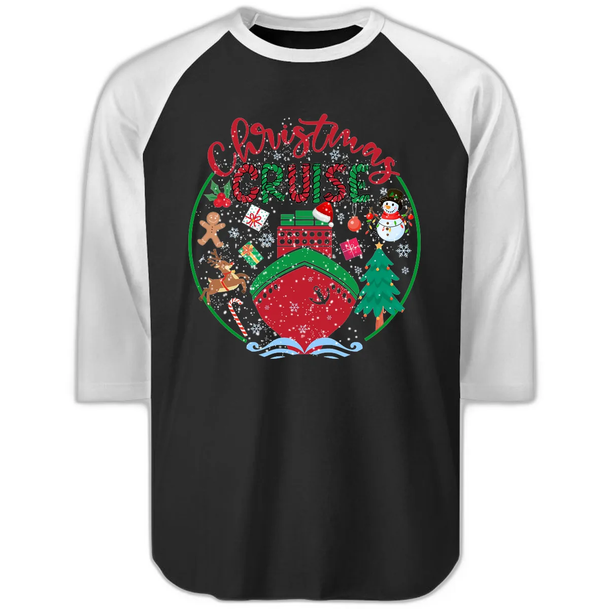 Cruising Cheer Holiday Raglan 3/4 in Black White
