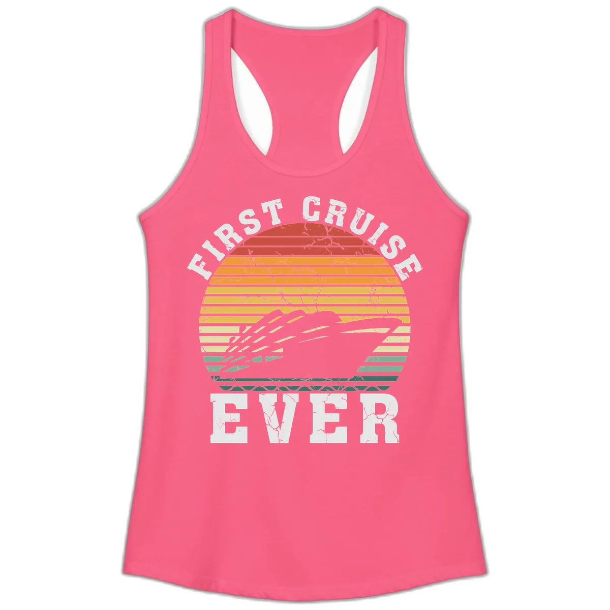 First Cruise Ever Retro Sunset Ladies Tank in Solid Hot Pink