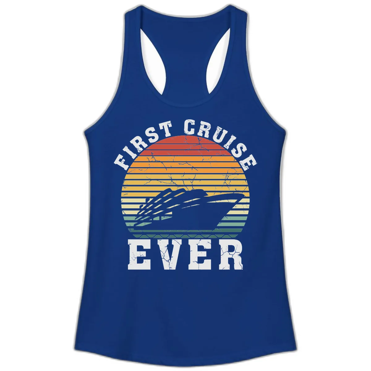 First Cruise Ever Retro Sunset Ladies Tank in Solid Royal