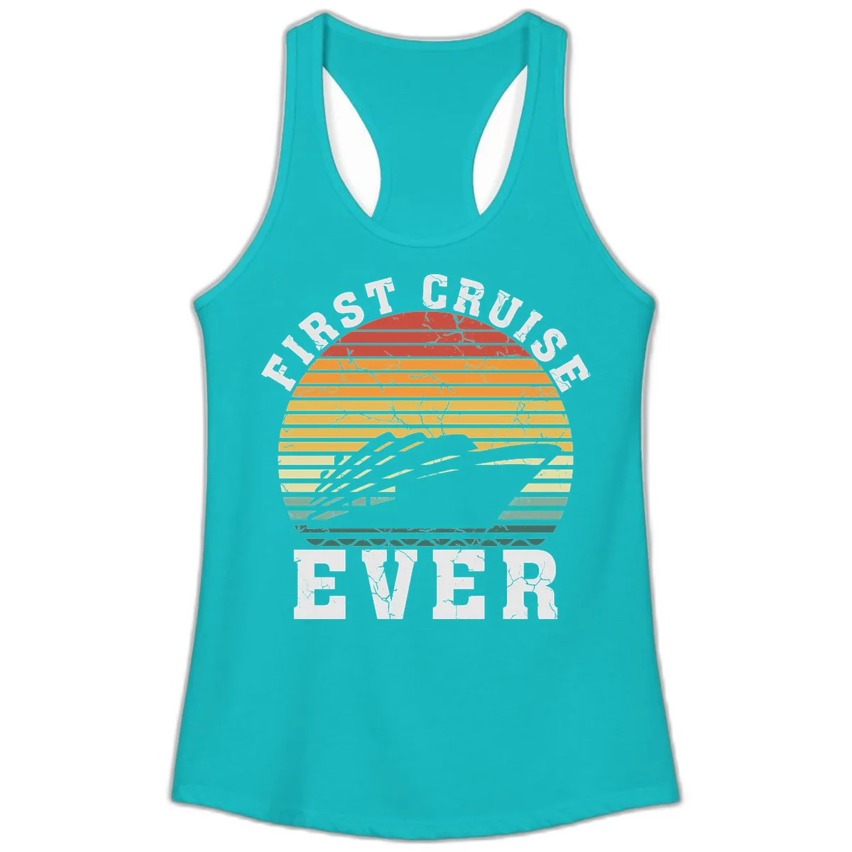 First Cruise Ever Retro Sunset Ladies Tank in Tahiti Blue