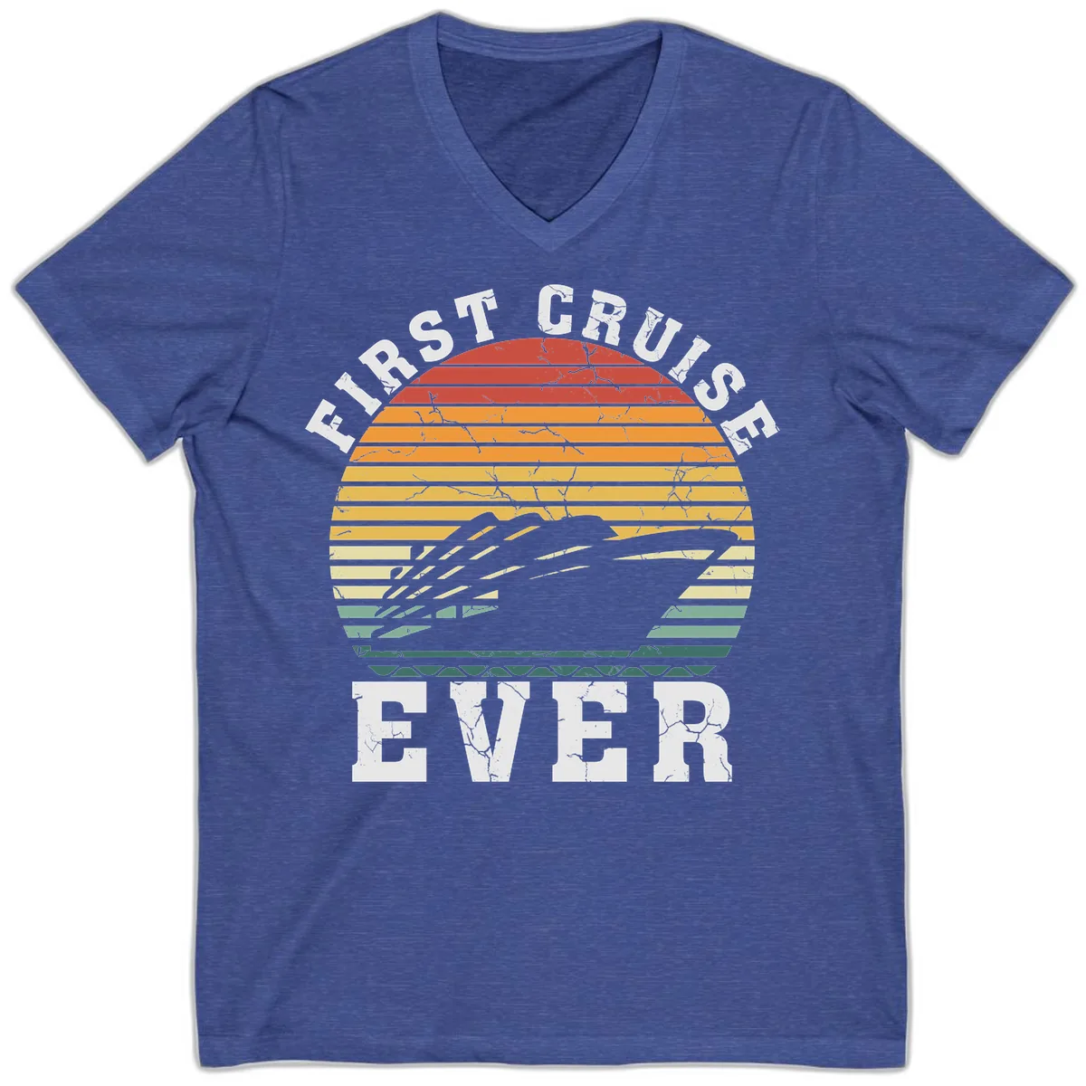 First Cruise Ever Retro Sunset V-Neck in Heather True Royal