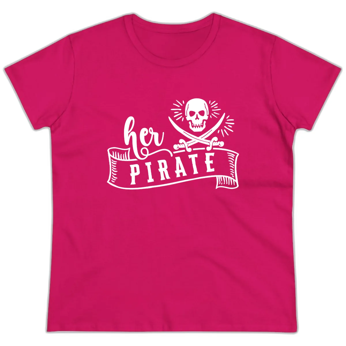 Ahoy Pirate Skull & Crossbones Ladies Tee in Heliconia