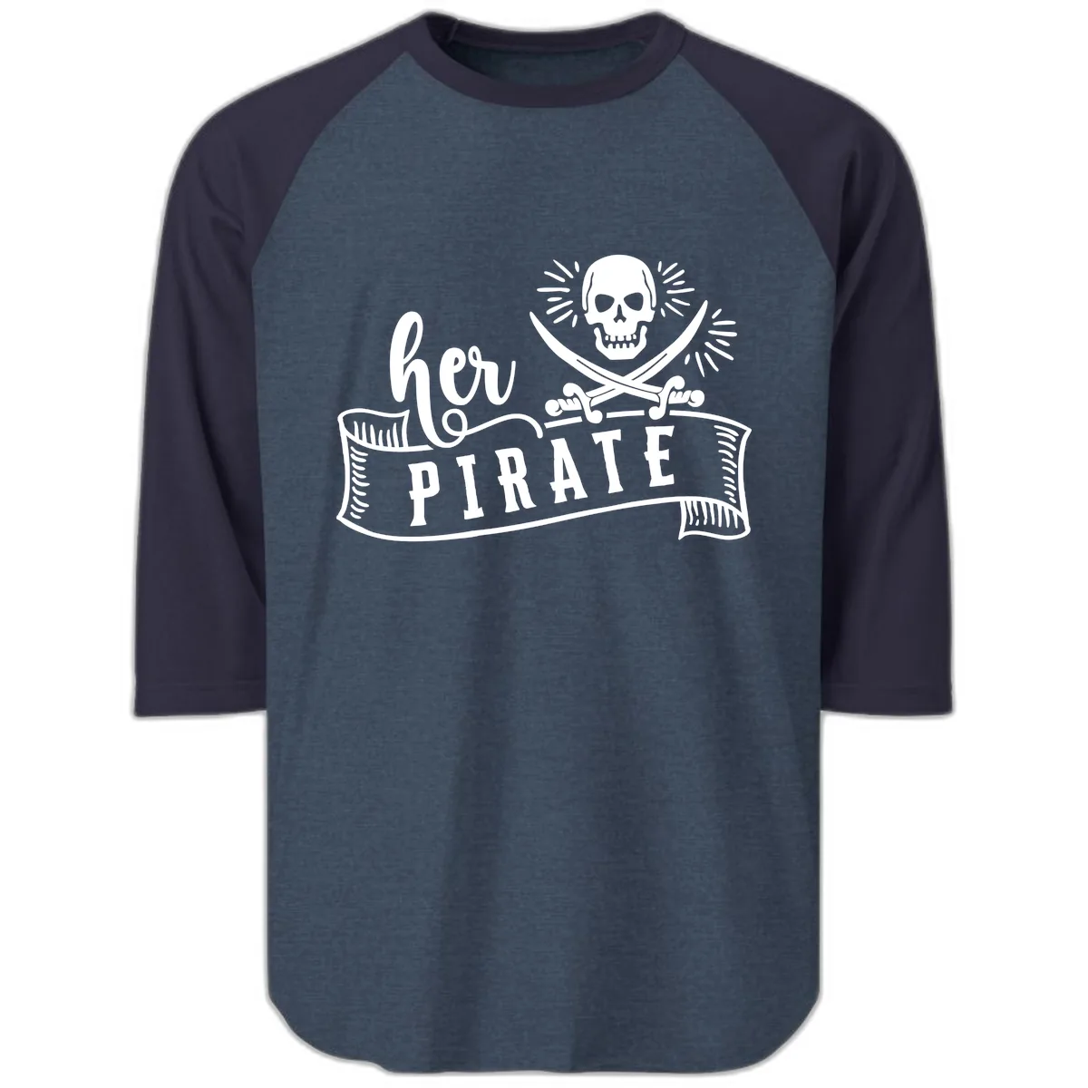 Ahoy Pirate Skull & Crossbones Raglan 3/4 in Heather Denim Navy