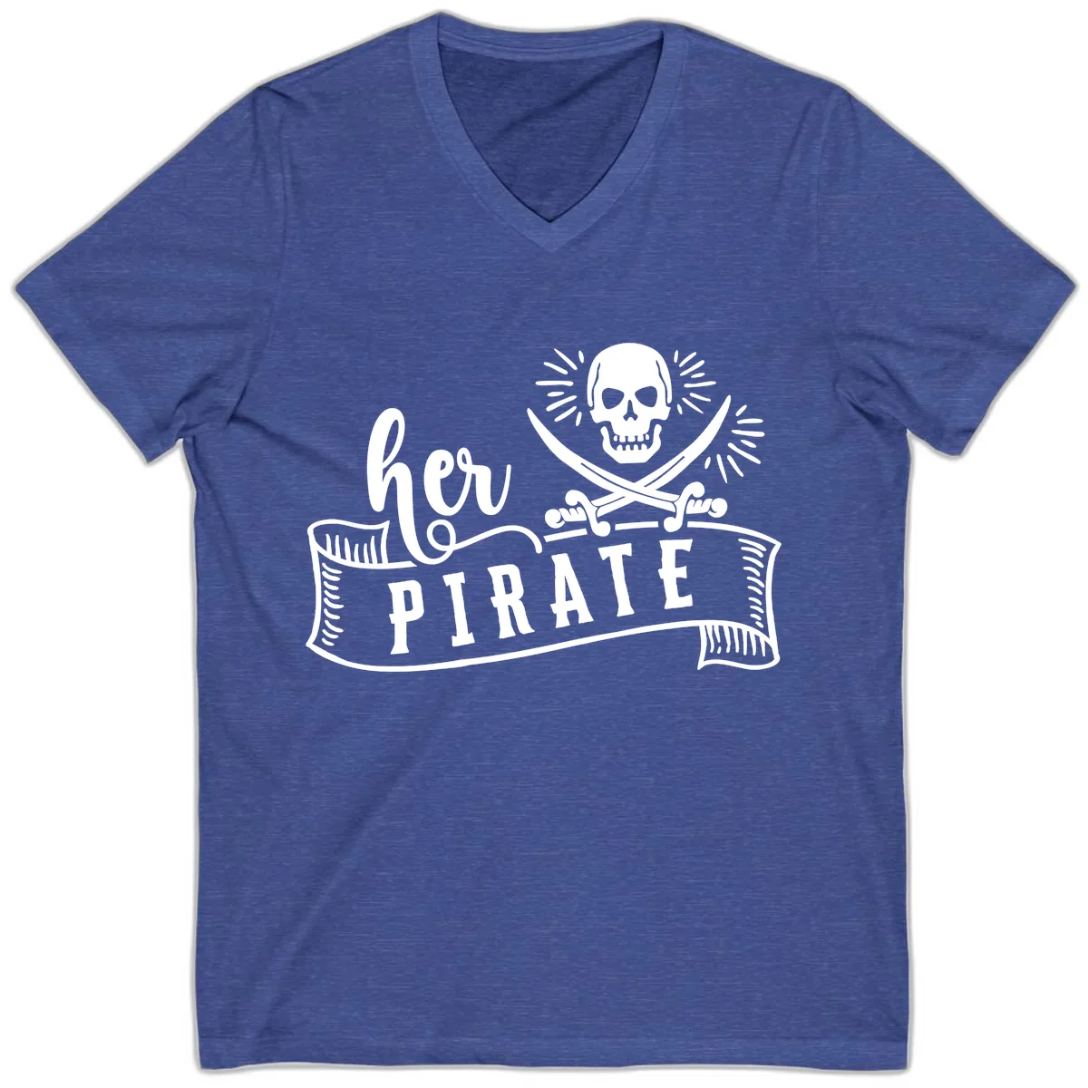 Ahoy Pirate Skull & Crossbones V-Neck in Heather True Royal