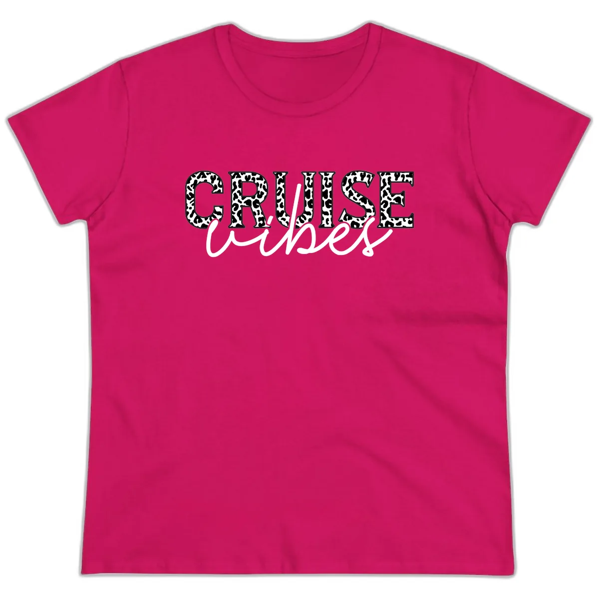 Cruise Vibes Leopard Print Ladies Tee in Heliconia