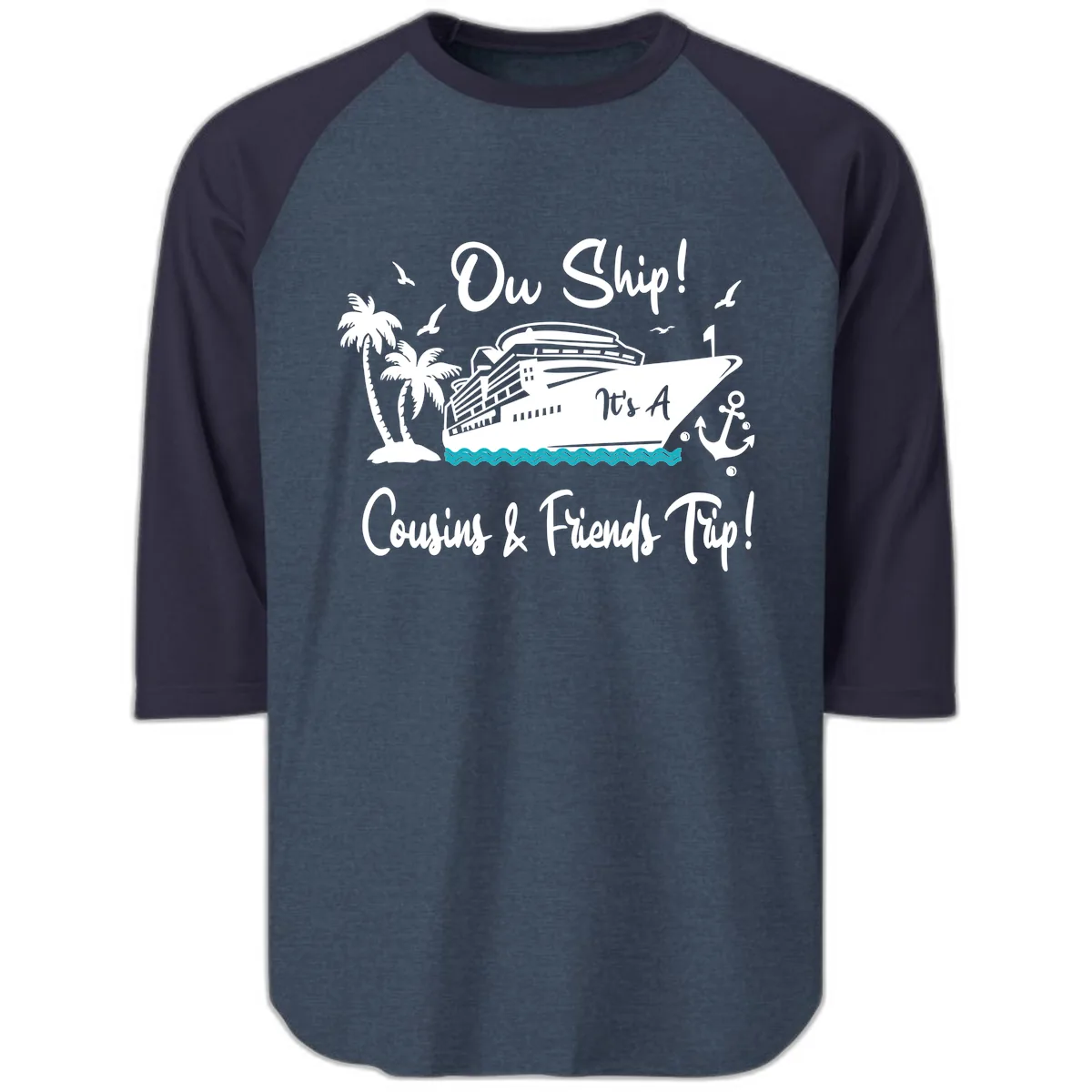 Ow Ship Cousins & Friends Trip Raglan 3/4 in Heather Denim Navy