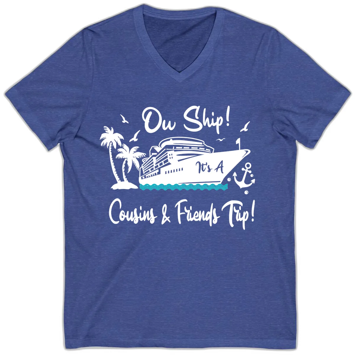 Ow Ship Cousins & Friends Trip V-Neck in Heather True Royal
