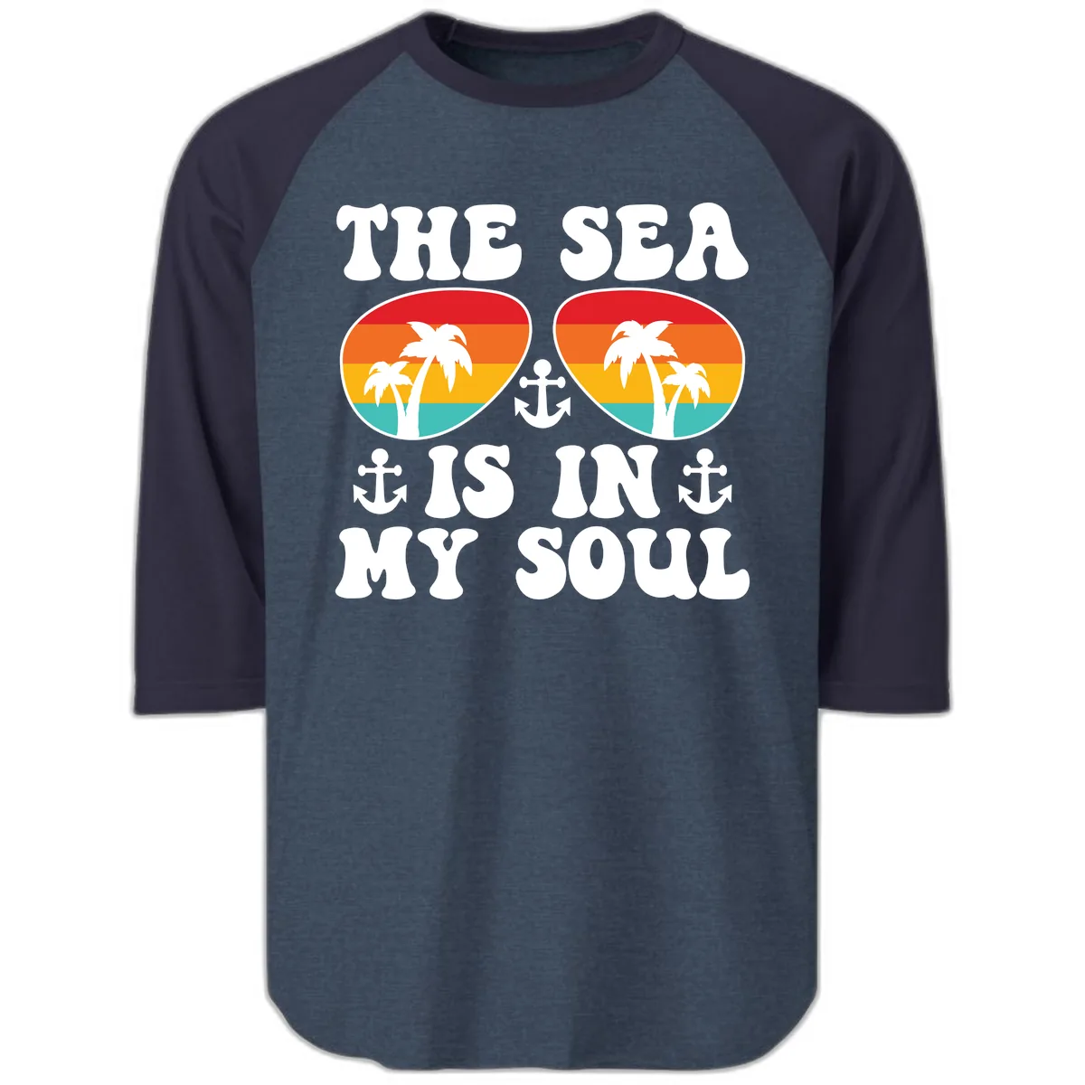 The Sea Is In My Soul Raglan 3/4 in Heather Denim Navy