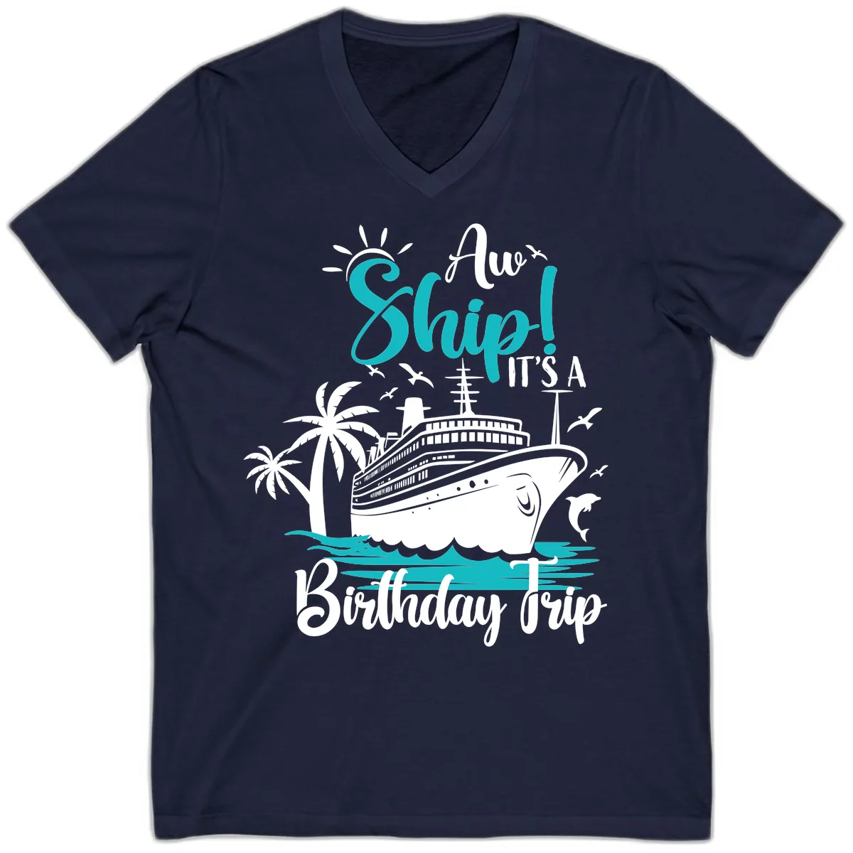 Aw Ship It's A Birthday Trip V-Neck in Navy