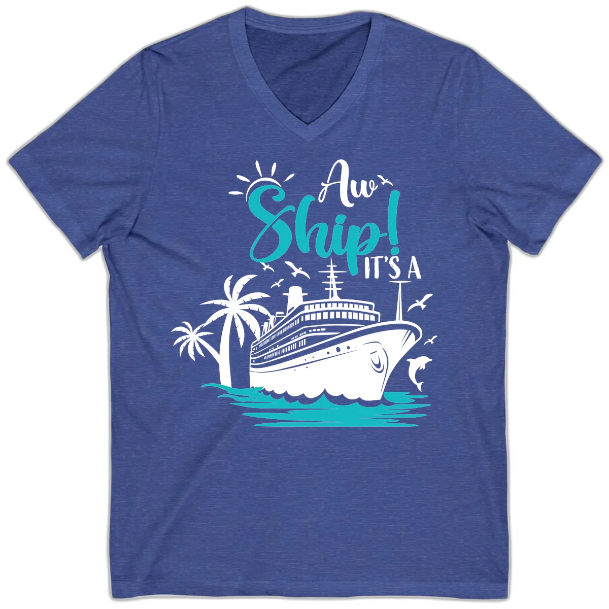 Aw Ship It's A Cruise V-Neck in Heather True Royal