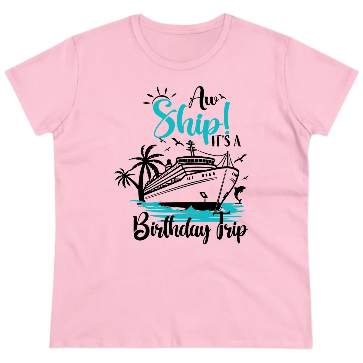 Ahoy Ship It's A Birthday Trip Ladies Tee in Light Pink