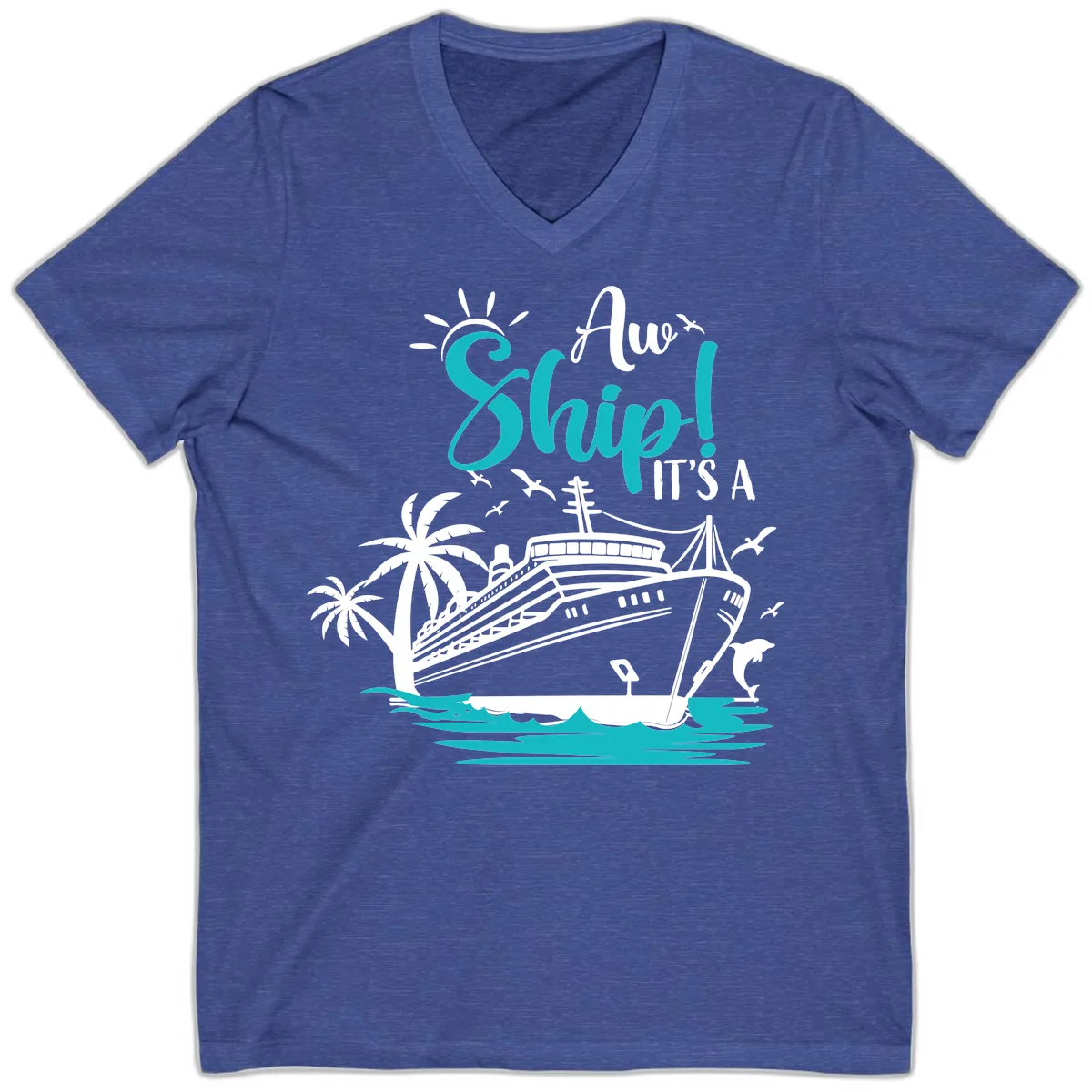Aw Ship It's A Cruise V-Neck in Heather True Royal