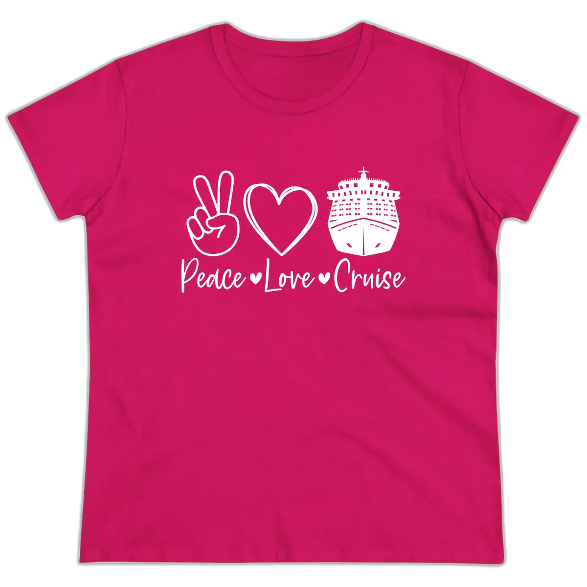 Peace Love Cruise Ladies Tee in Heliconia