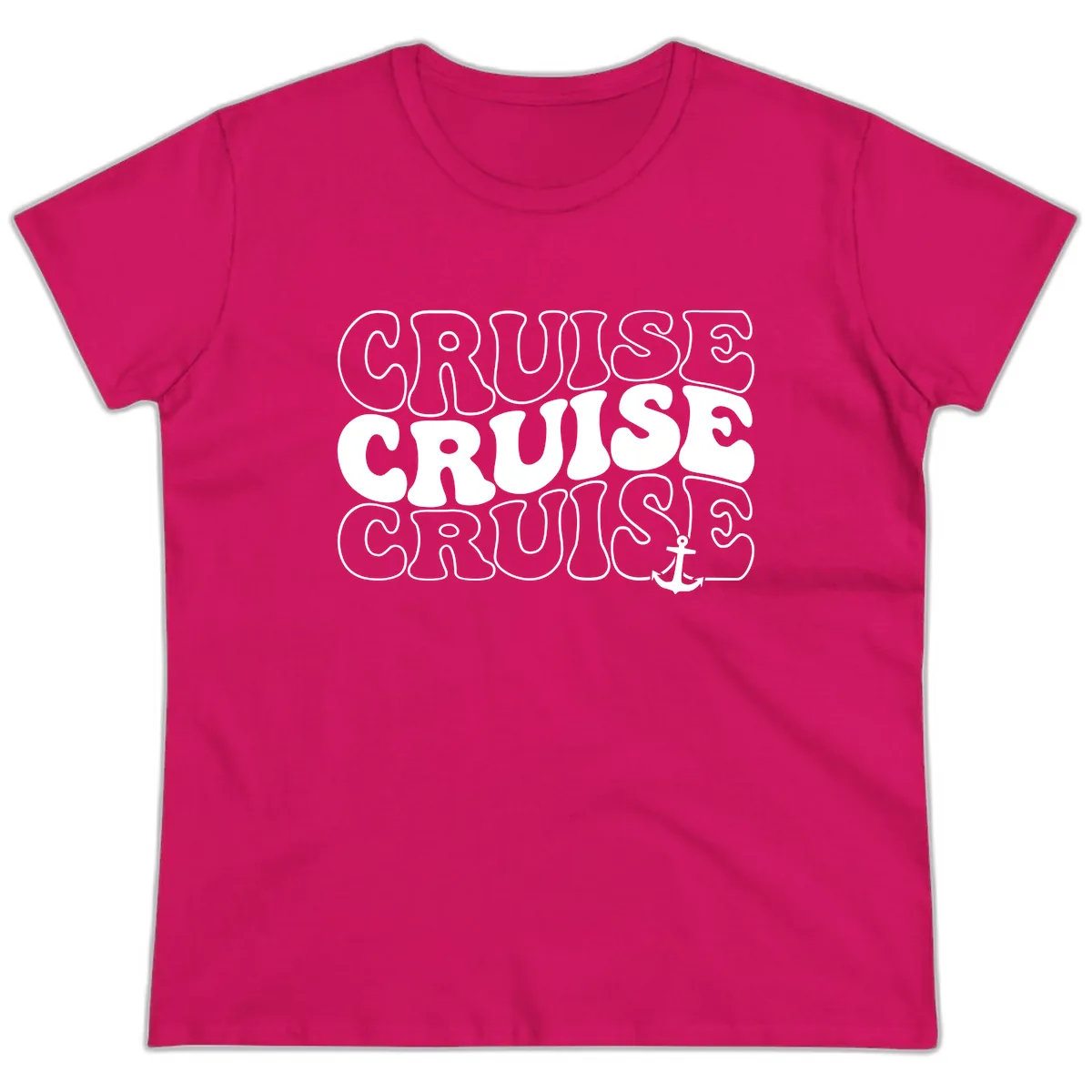 Cruise Cruise Cruise Anchor Design Ladies Tee in Heliconia