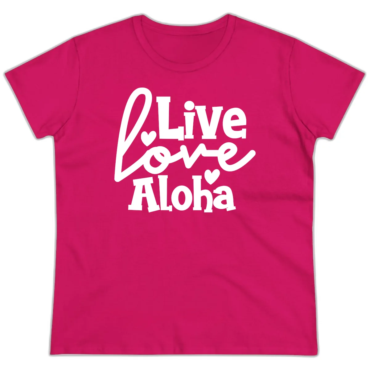 Live Love Aloha Ladies Tee in Heliconia