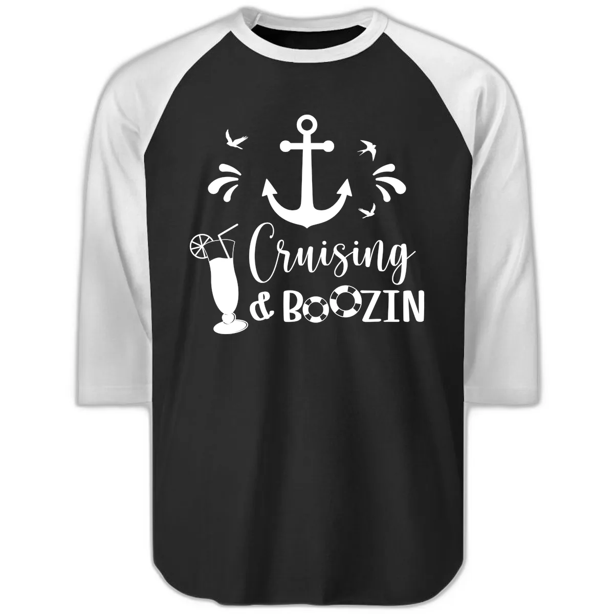 Cruising & Boozin Anchor Raglan 3/4 in Black White