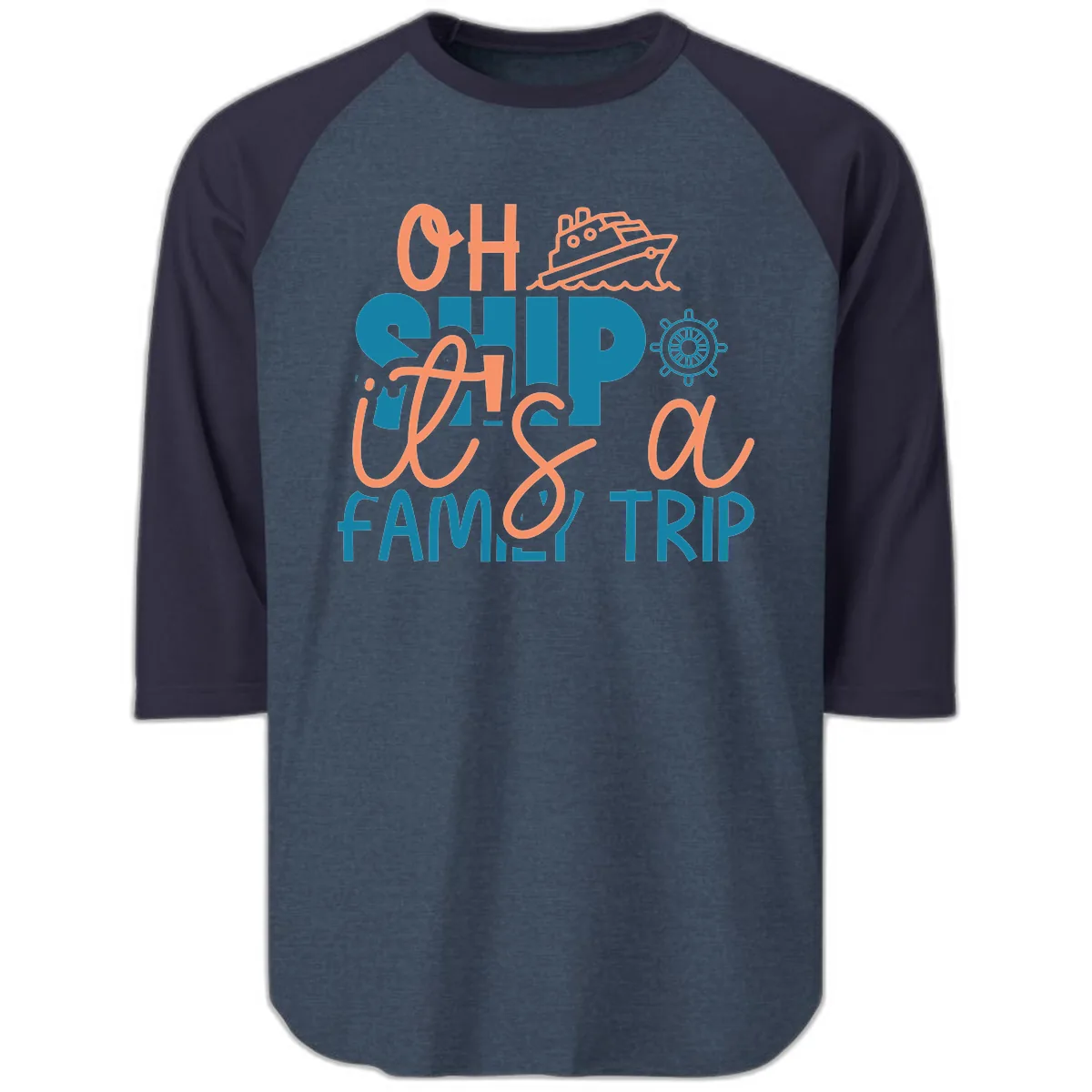 Oh Ship Family Cruise Trip Raglan 3/4 in Heather Denim Navy