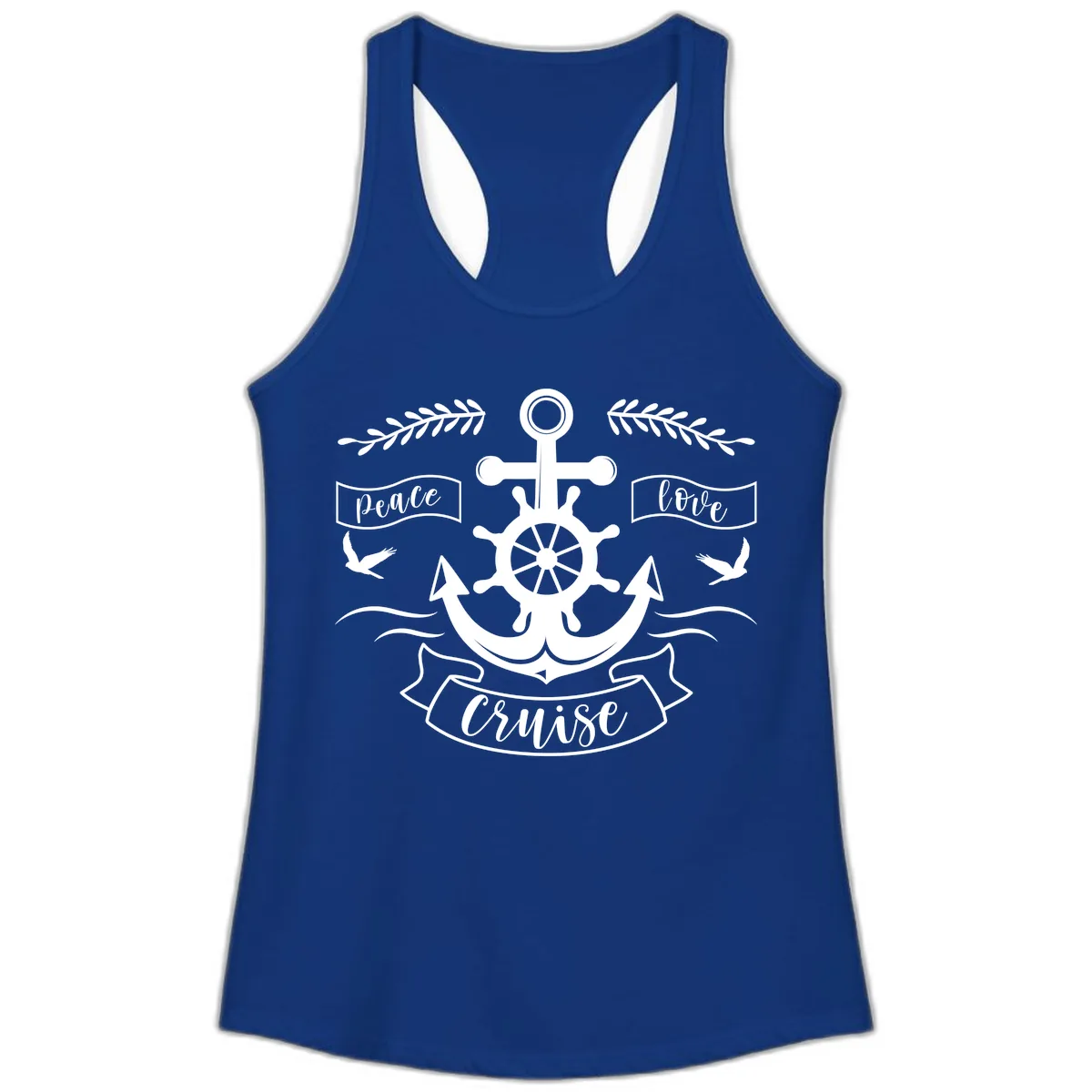Peace Love Cruise Anchor Ladies Tank in Solid Royal