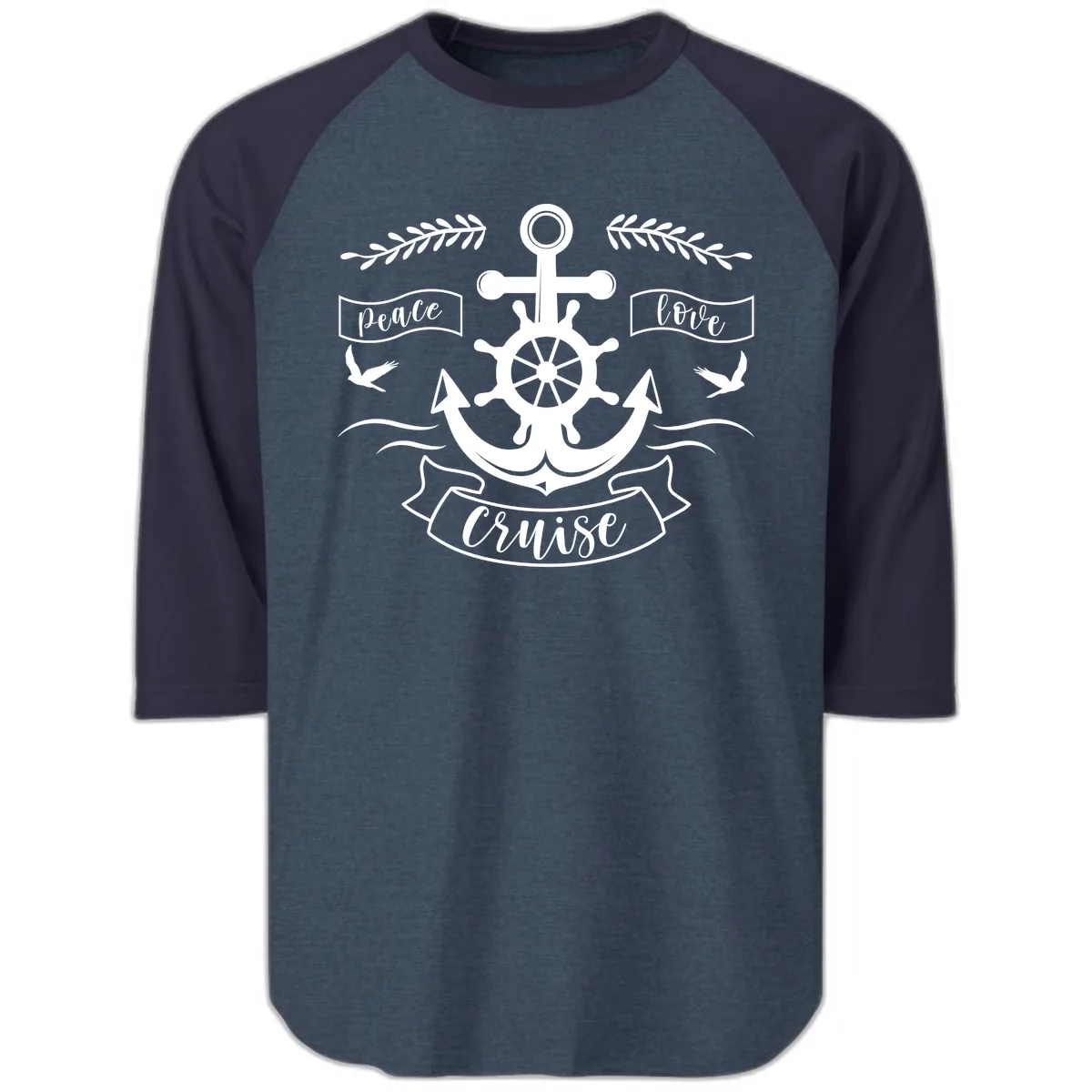 Peace Love Cruise Anchor Raglan 3/4 in Heather Denim Navy