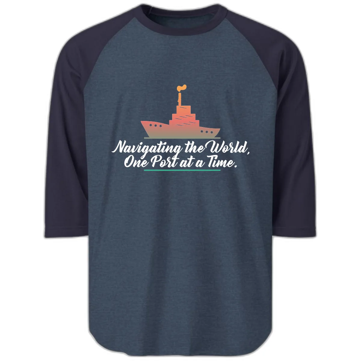 Navigating The World, One Port At A Time Raglan 3/4 in Heather Denim Navy