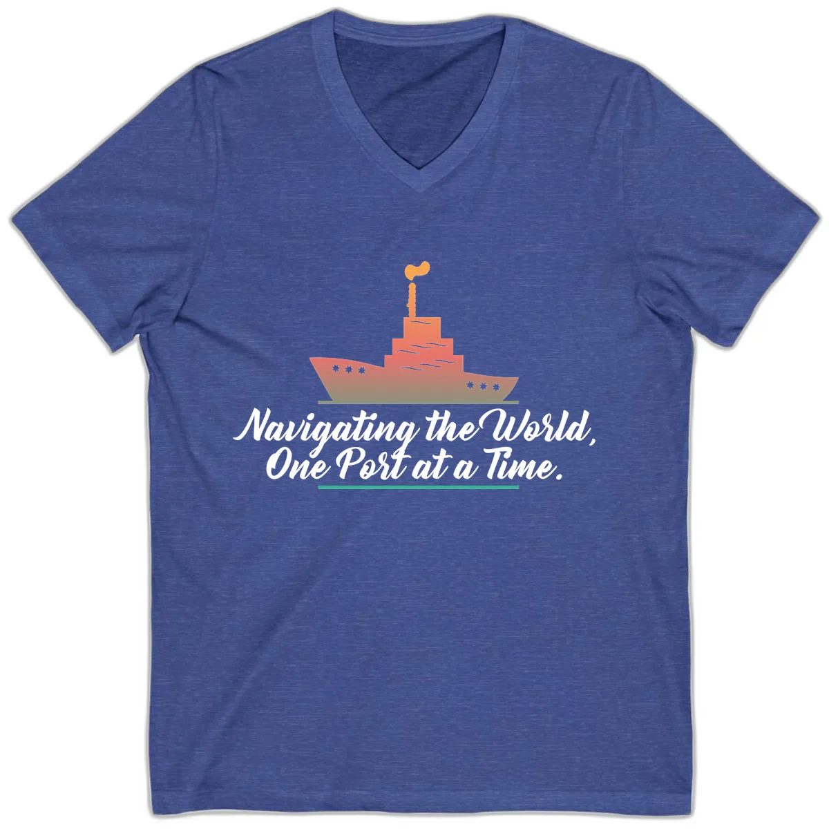 Navigating The World, One Port At A Time V-Neck in Heather True Royal