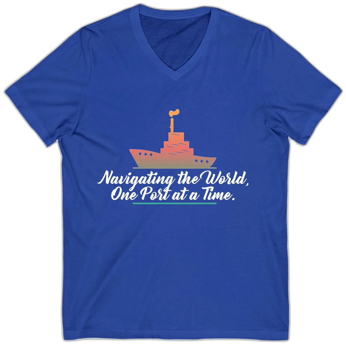 Navigating The World, One Port At A Time V-Neck in True Royal