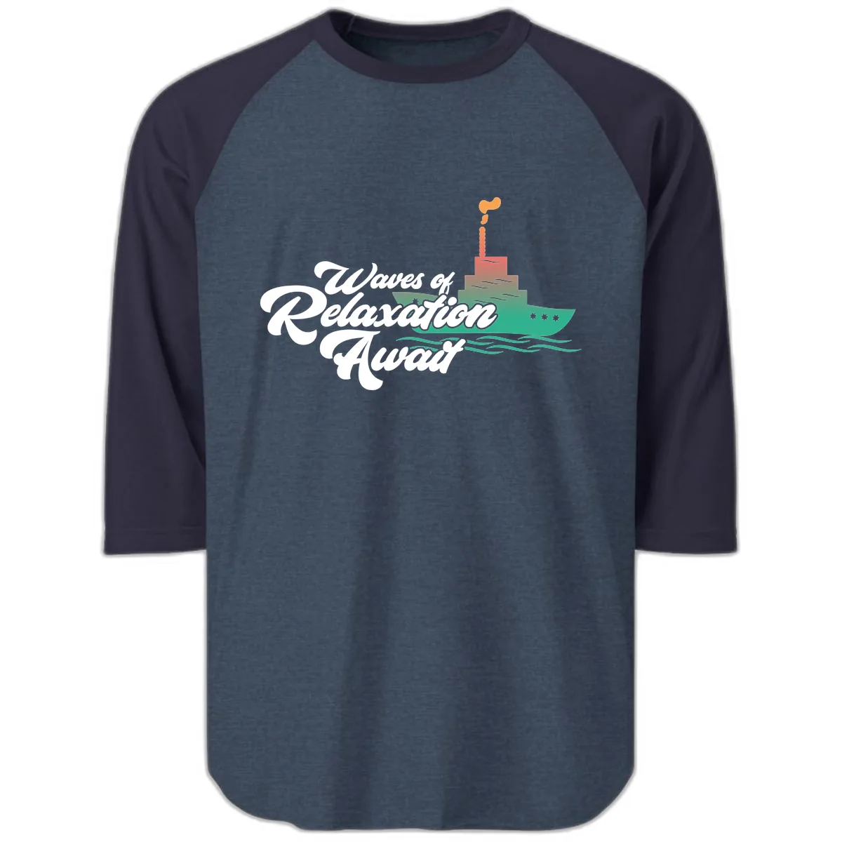Waves Of Relaxation Await Raglan 3/4 in Heather Denim Navy